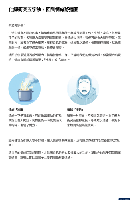 「停、看、聽、想、說－化解親職衝突五字訣」資料圖片